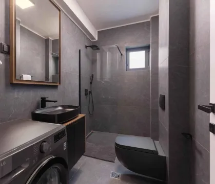 Moderno kupatilo sa sivim pločicama i tuš kabinom. - image 6