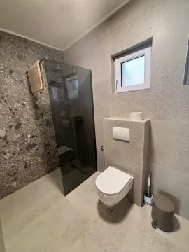 Modernly equipped bathroom with a walk-in shower and toilet. - image 7