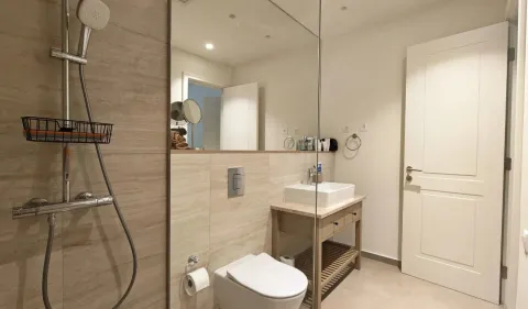 Savremeno opremljeno kupatilo sa tuš kabinom, umivaonikom i WC šoljom. - image 11