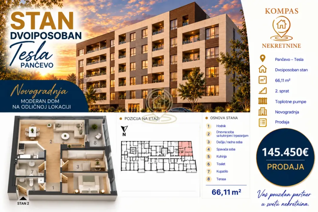 Sale, two bedroom apartment, 66m², Tesla, Pančevo