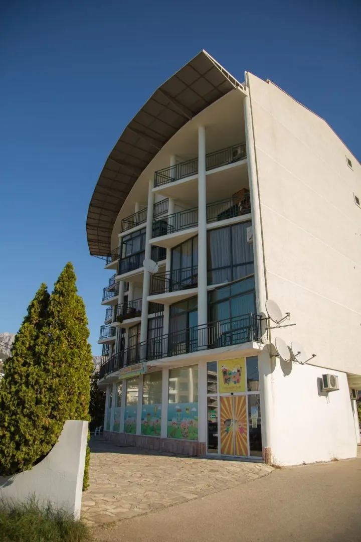 Exterior of a modern multi-story building under a blue sky.