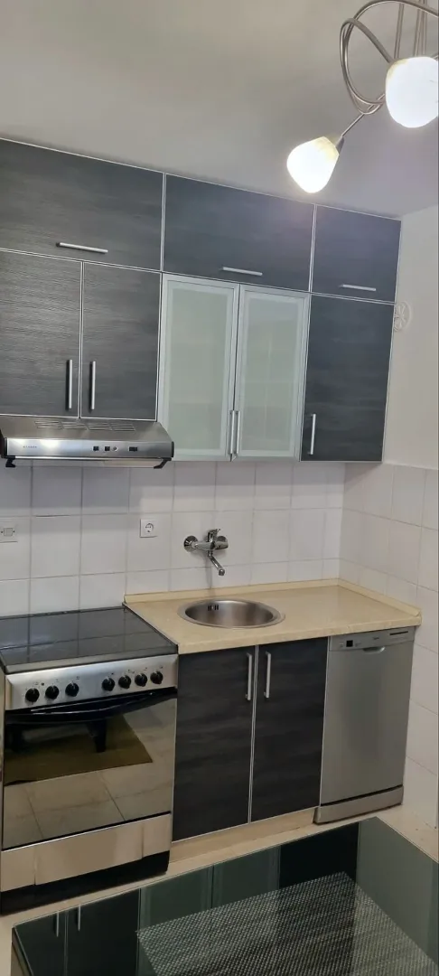 Manja kuhinja sa tamnim kuhinjskim elementima, šporetom, sudoperom i mašinom za sudove.