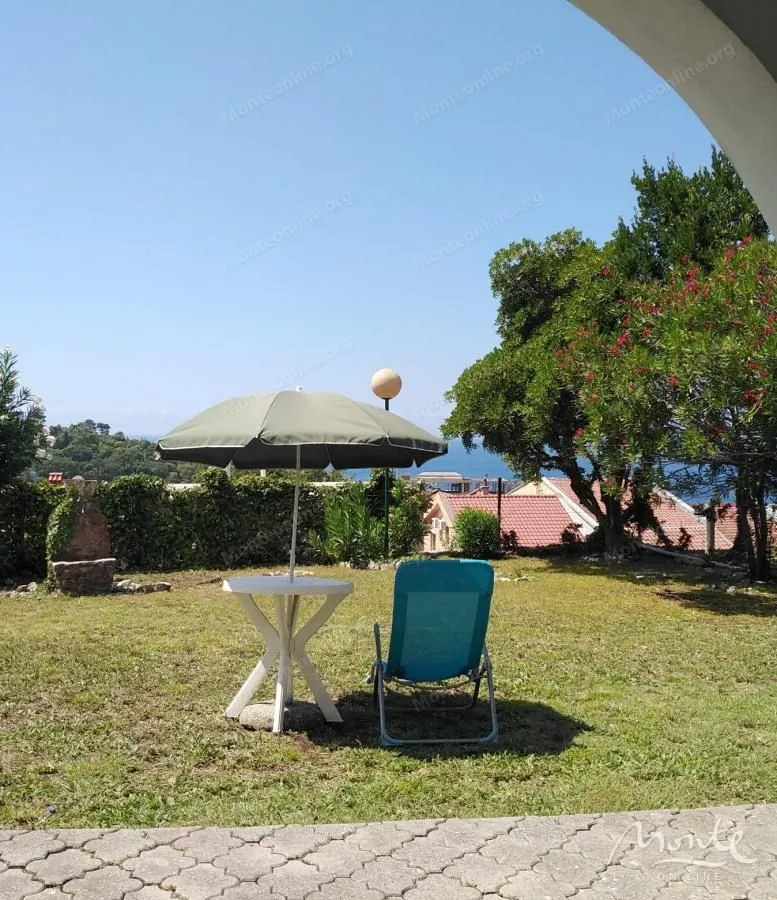 Green yard with a table, umbrella, and sun lounger.