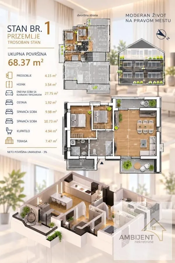 Osma spratnost i detaljan prikaz rasporeda trosobnog stana sa dimenzijama.