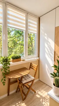 Zastakljeni balkon sa malim drvenim stolom, stolicom i sobnim biljkama. - image 13