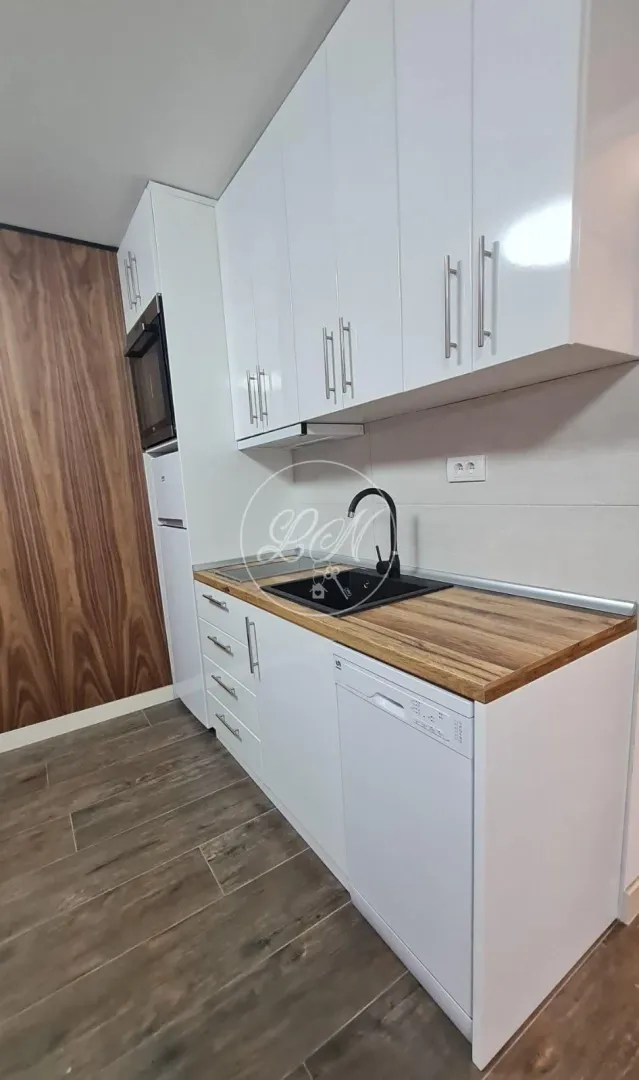 Compact white kitchen with a wooden countertop and built-in appliances.
