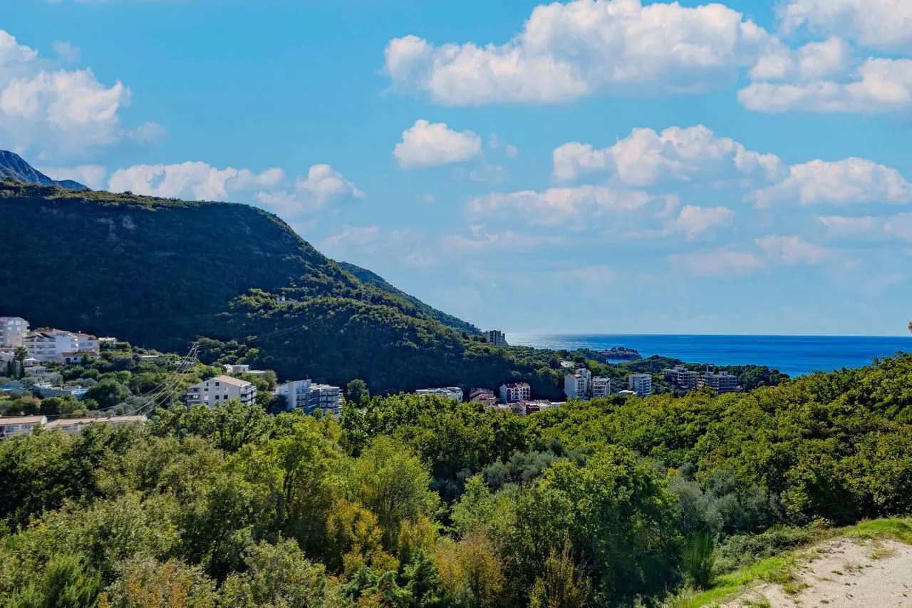 View of the mountains, greenery, and the sea from the location.