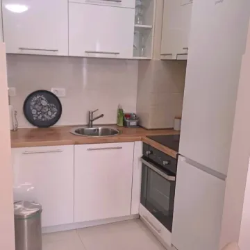 Manja bijela kuhinja sa drvenom radnom površinom i ugradnim uređajima. - image 5