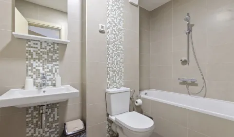 Kupatilo opremljeno umivaonikom, toaletom i kadom sa tušem. - image 6