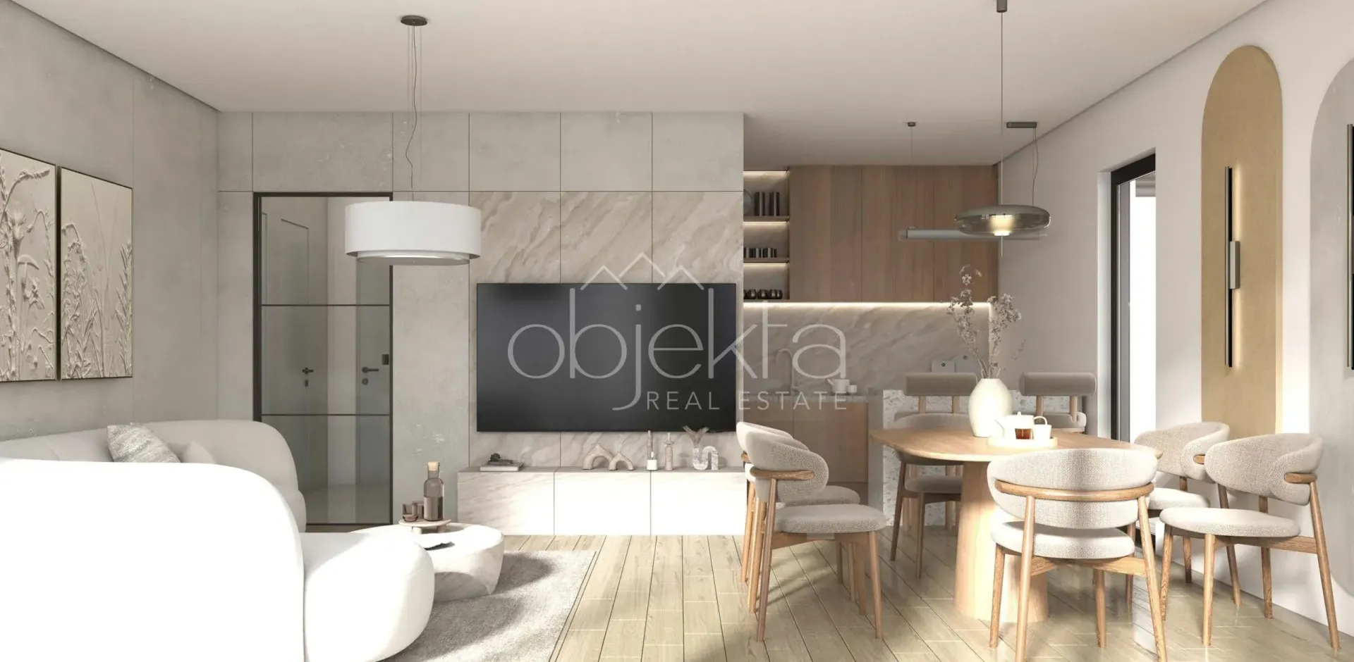 Modern living room with a dining area and kitchen in the background.
