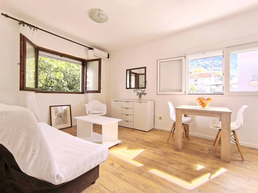 Bright living room with a sofa, coffee table, and dining table.