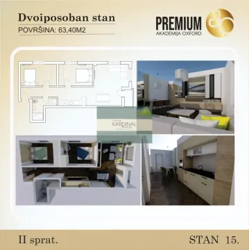 Osnova stana površine 63,40 m2 sa vizuelnim prikazima prostorija. - image 2
