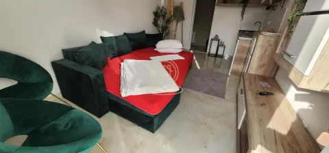 Manji dnevni boravak sa zelenom sofom i malom kuhinjom u pozadini. - image 8