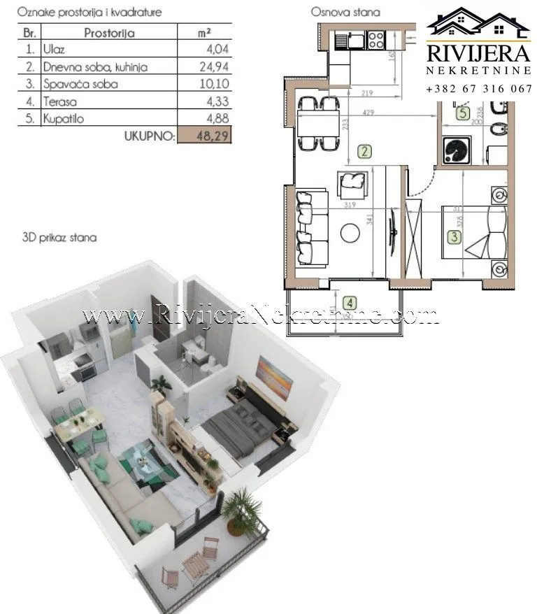 Prodaja, jednosoban stan, 48m², Dobrota, Kotor
