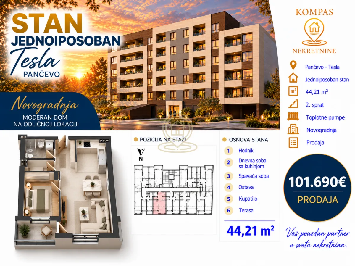 Reklamni poster sa prikazom fasade zgrade, tlocrta stana i osnovnih informacija o nekretnini.
