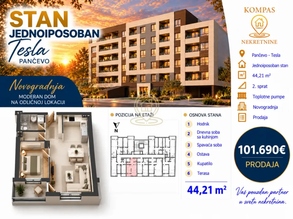 Prodaja, jednosoban stan, 44m², Tesla, Pančevo