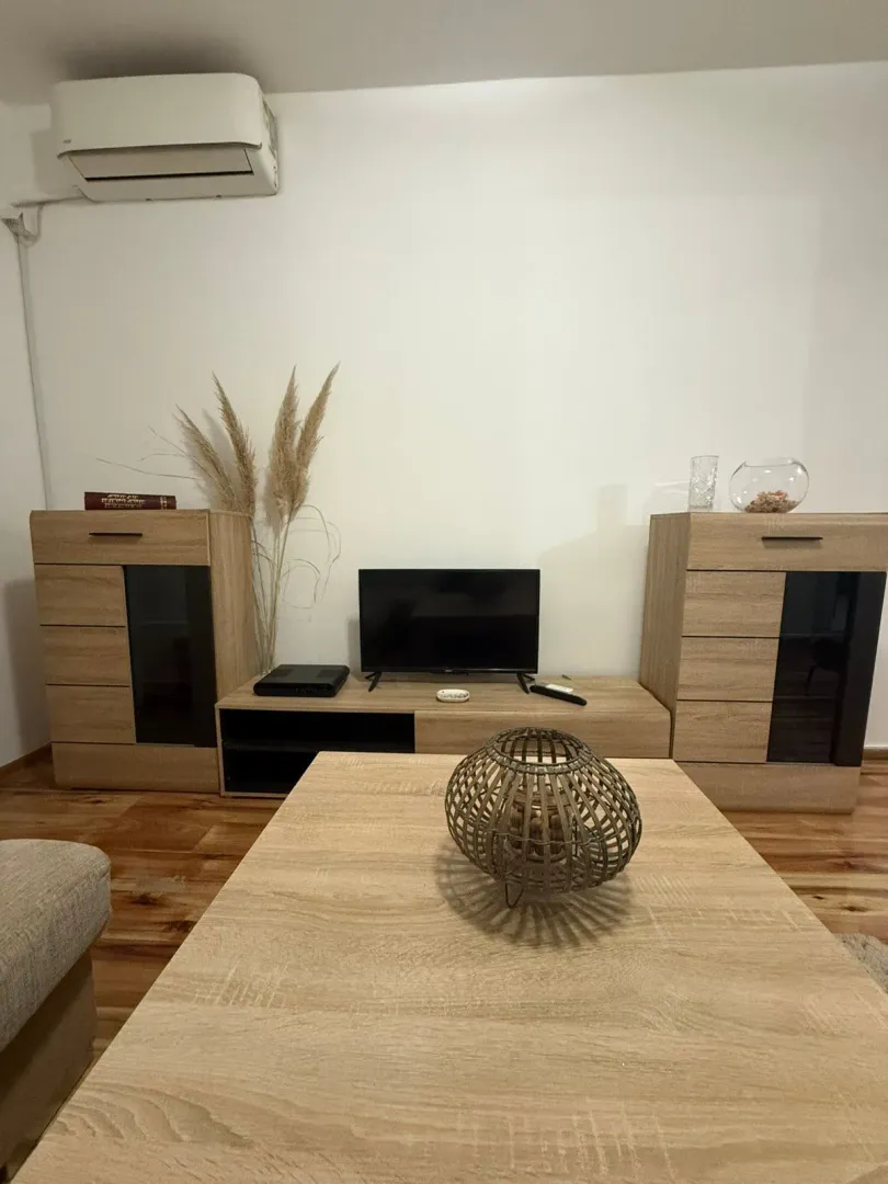 Living room with wooden furniture and a television.