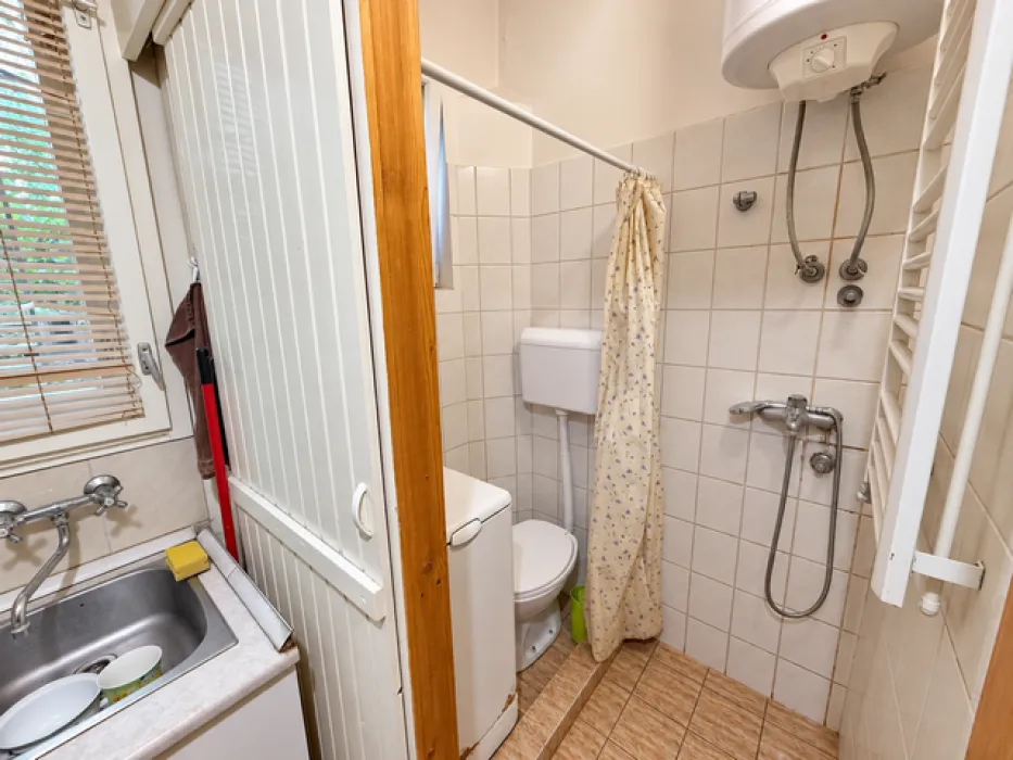 Compact bathroom with a shower area, toilet, and a small sink.