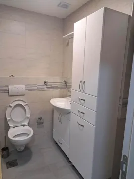 Kupatilo opremljeno toaletom, umivaonikom i bijelim ormarićem. - image 4