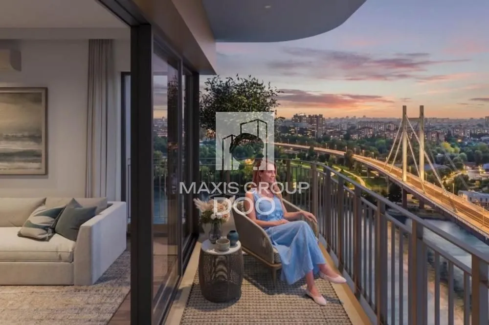 Furnished terrace with a view of the city and river.