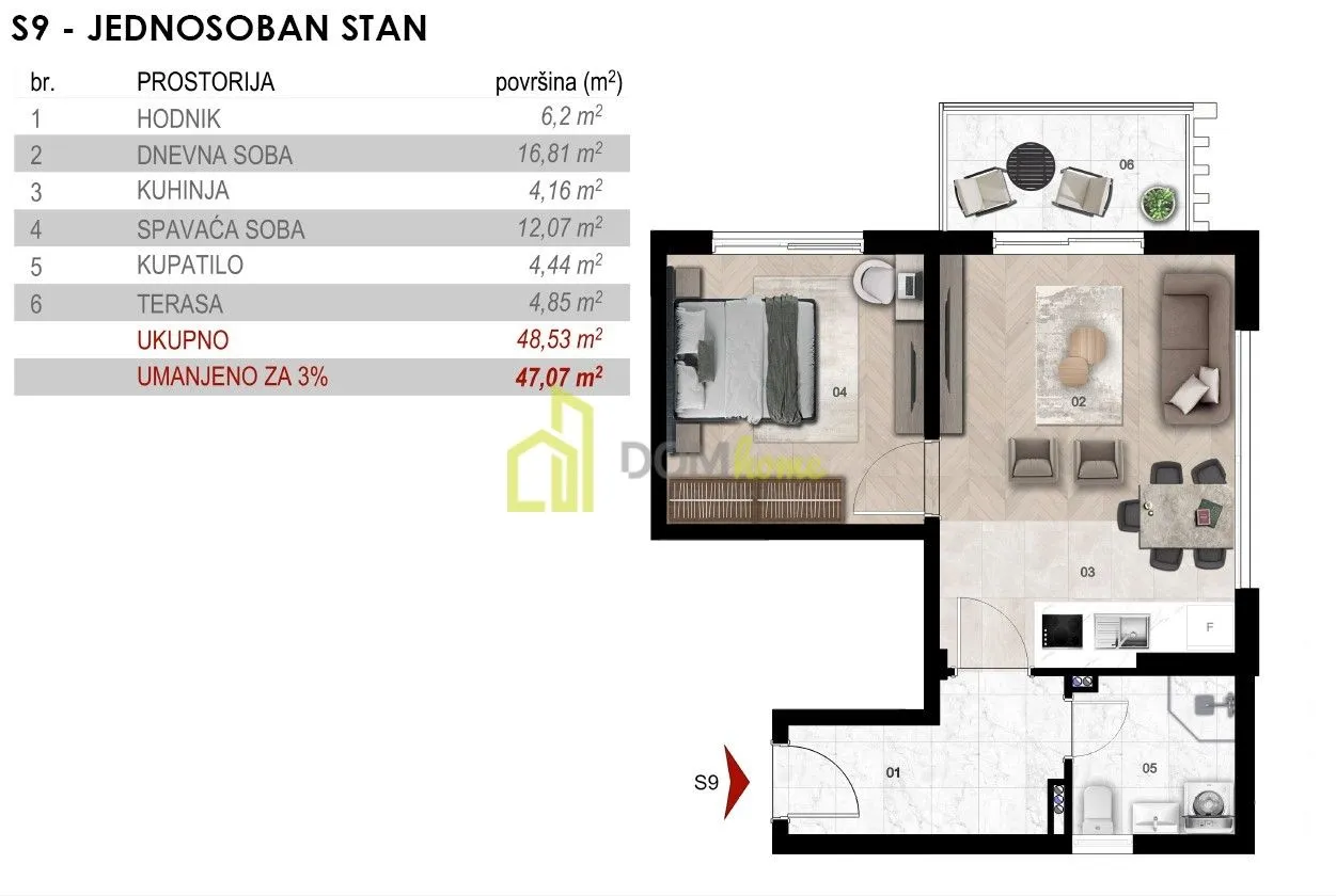 Sale, one bedroom apartment, 47m², Momišići, Podgorica
