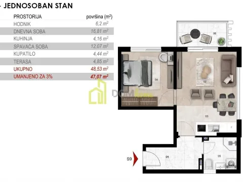 Sale, one bedroom apartment, 47m², Momišići, Podgorica - image 5