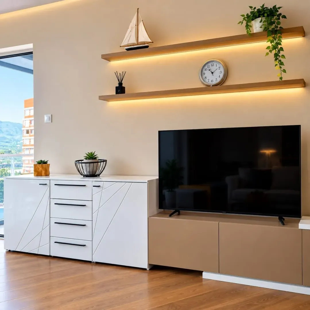 Living room with a television, a white cabinet, and wooden wall shelves with lighting.
