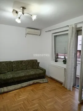 Dnevna soba sa zelenom sofom, drvenim parketom i izlazom na terasu. - image 2