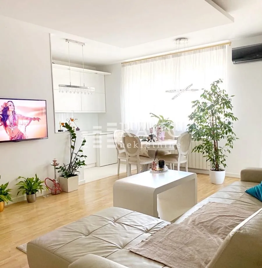 Bright living room connected with the dining area and kitchen.