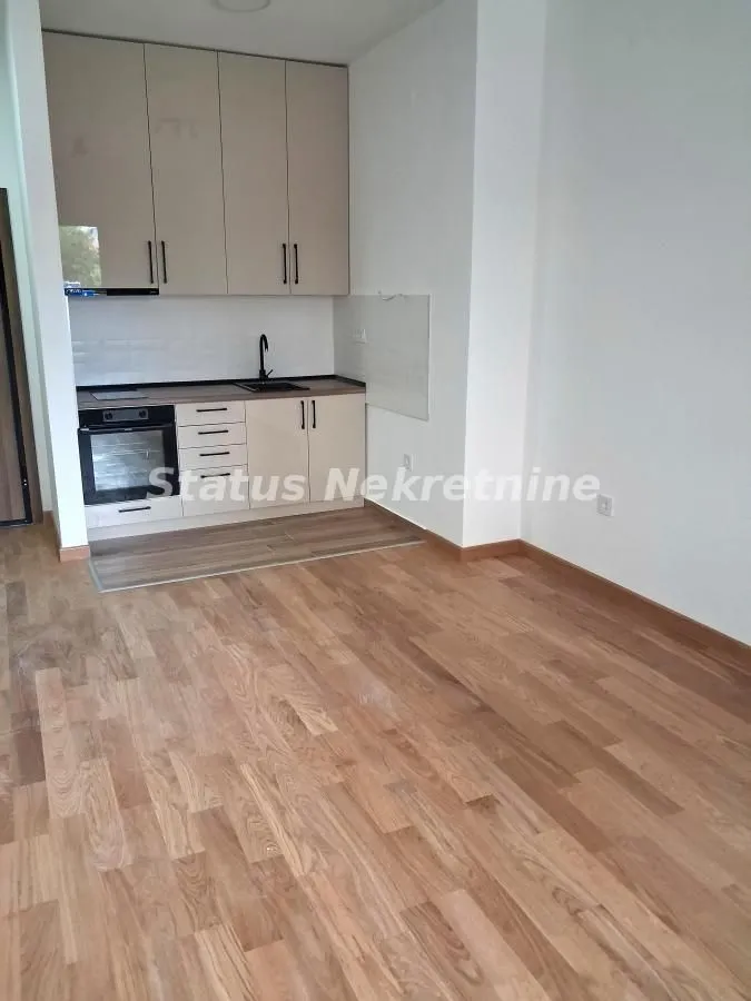 Small kitchen with light-colored cabinetry and wooden flooring in an apartment.