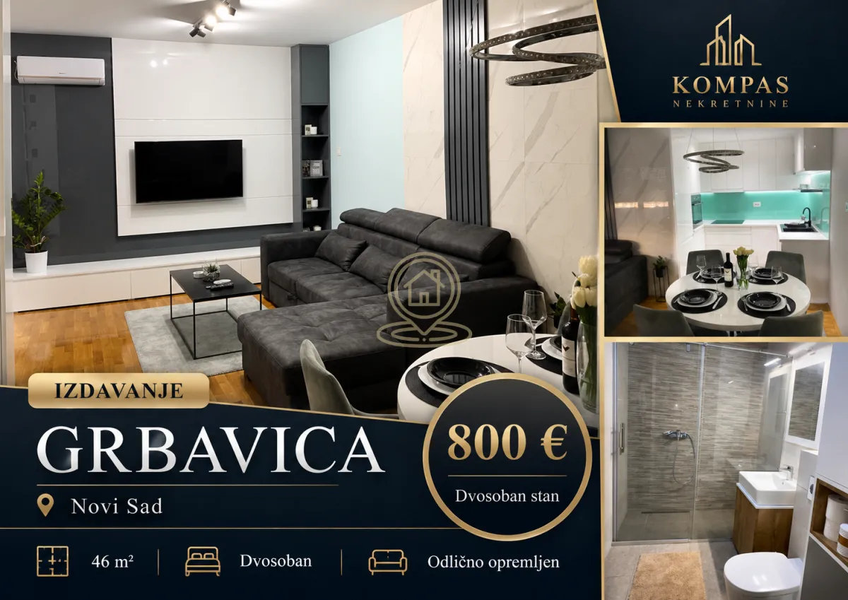 Dnevna soba sa garniturom, TV-om i trpezarijskim stolom, u okviru oglasa za izdavanje stana.