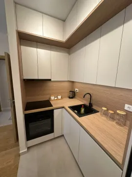 Moderna ugaona kuhinja sa drvenim elementima i ugradnom rernom. - image 4