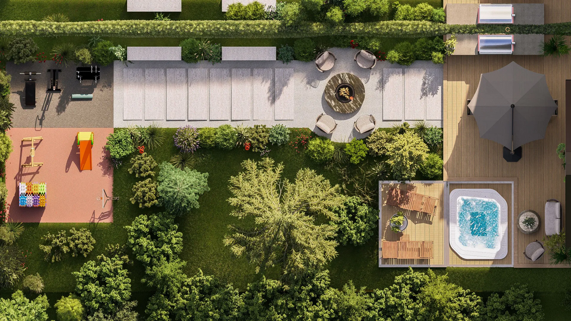 Pogled odozgo na uređeno dvorište sa terasom, đakuzijem, prostorom za sjedenje i igralištem.