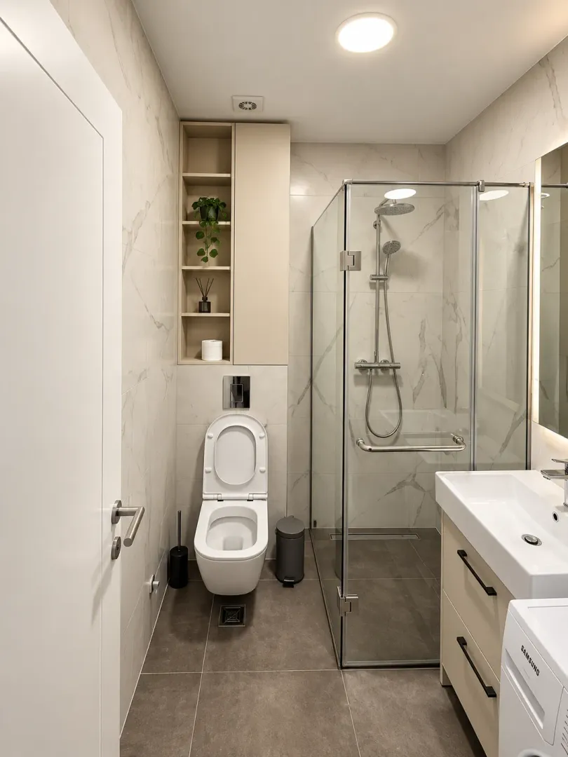 Moderne kupatilo sa tuš kabinom, WC šoljom i umivaonikom.
