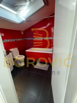 Kupatilo sa kadom, crvenim zidnim pločicama i krovnim prozorom. - image 3