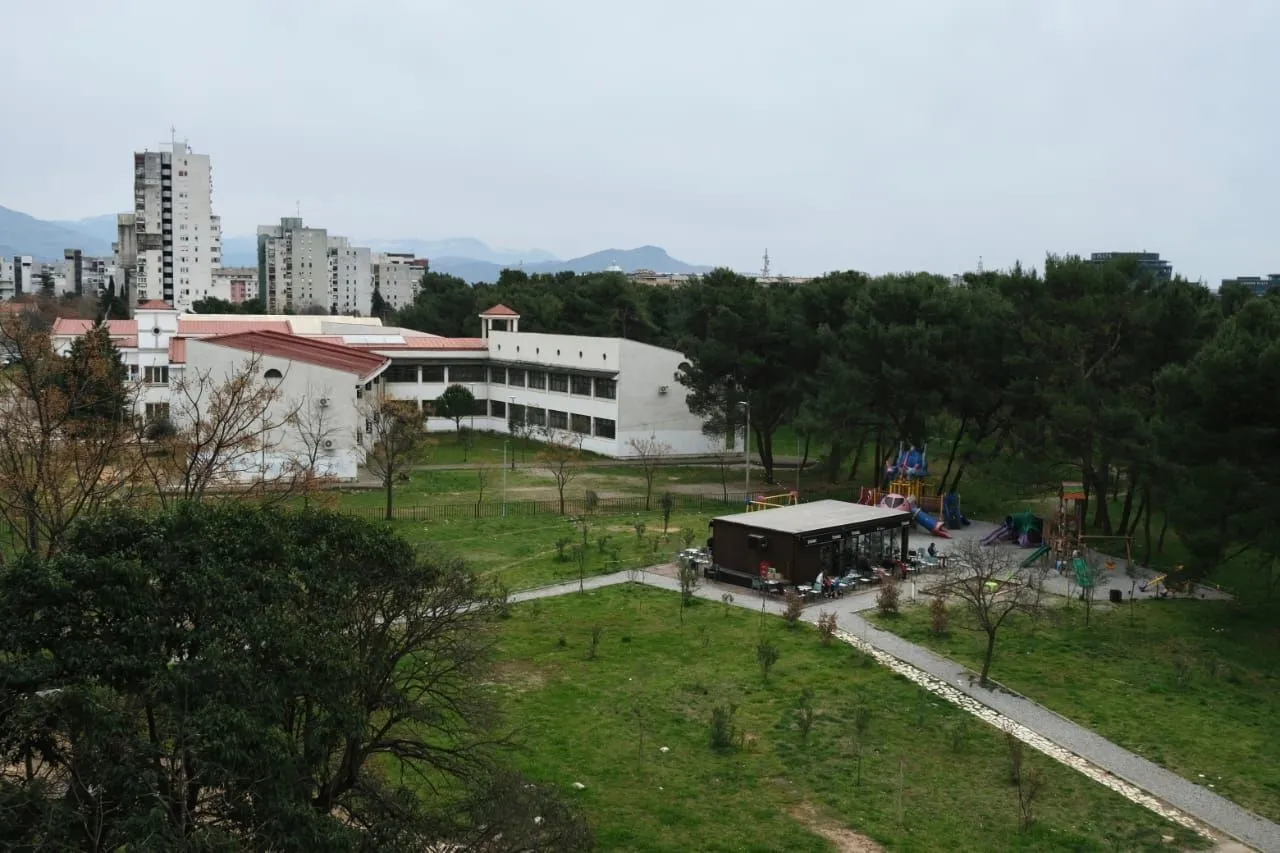 Elevated view of a green park, a playground, and surrounding residential buildings.