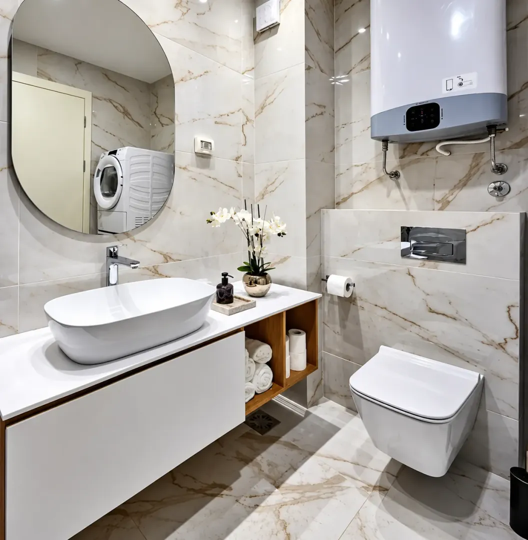 Modern bathroom with a vessel sink, wall-hung toilet, and a water heater on the wall.