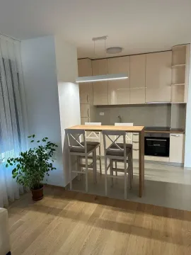 Moderna kuhinja sa šankom i trpezarijskim stolicama. - image 3