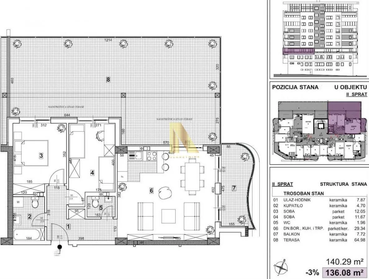 Arhitektonski plan trosobnog stana sa terasama.