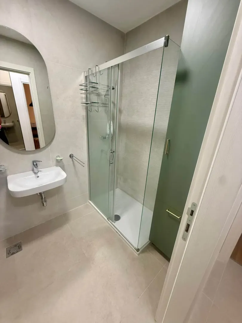 Modern bathroom with a shower cabin, washbasin, and mirror.