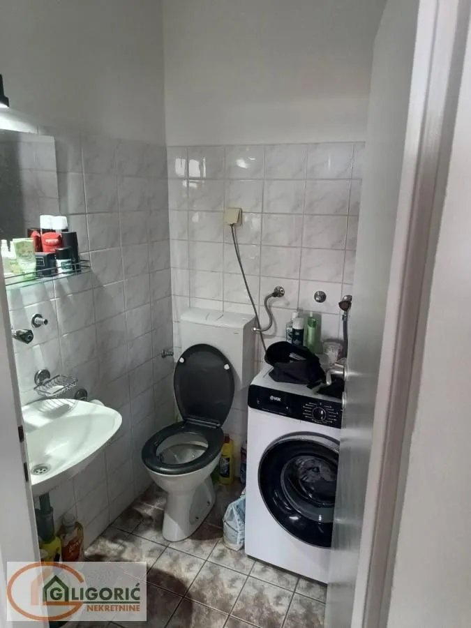 Manje kupatilo sa umivaonikom, WC šoljom i veš mašinom.