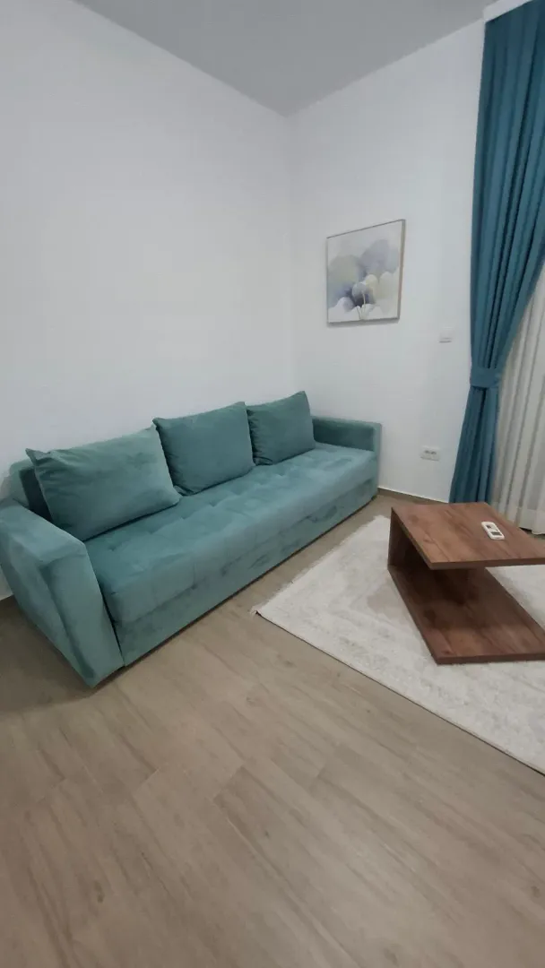Living room with a turquoise sofa, wooden coffee table, and a rug.