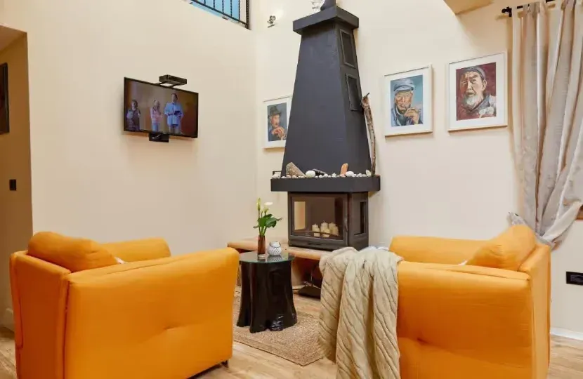 Living room with a fireplace and orange armchairs.