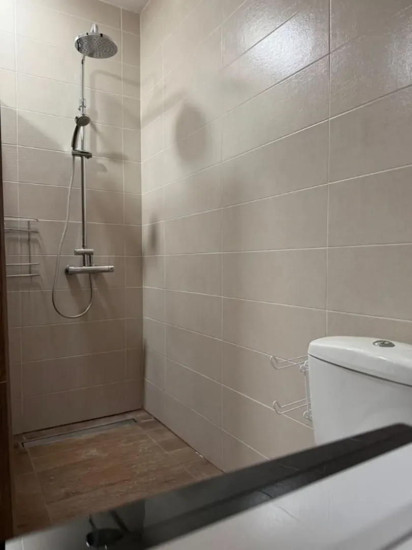 A modernly equipped bathroom with a walk-in shower and toilet.
