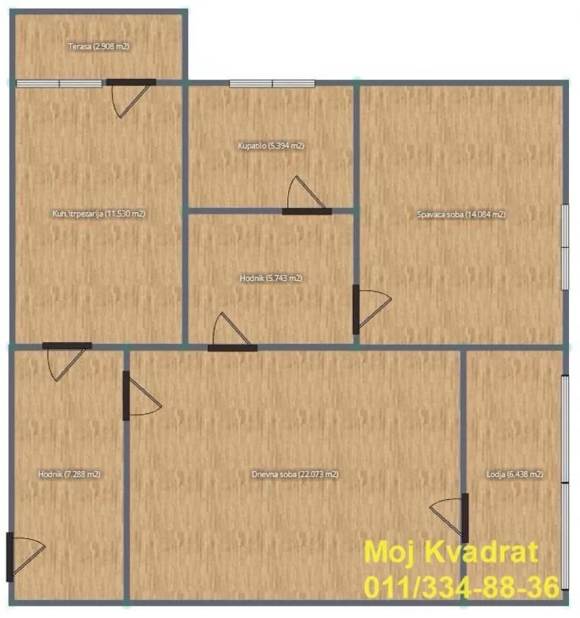 Osma crteža stana sa rasporedom prostorija i kvadraturom.