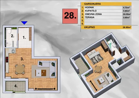 Dvodimenzionalni i trodimenzionalni tlocrt garsonjere sa površinama prostorija. - image 3