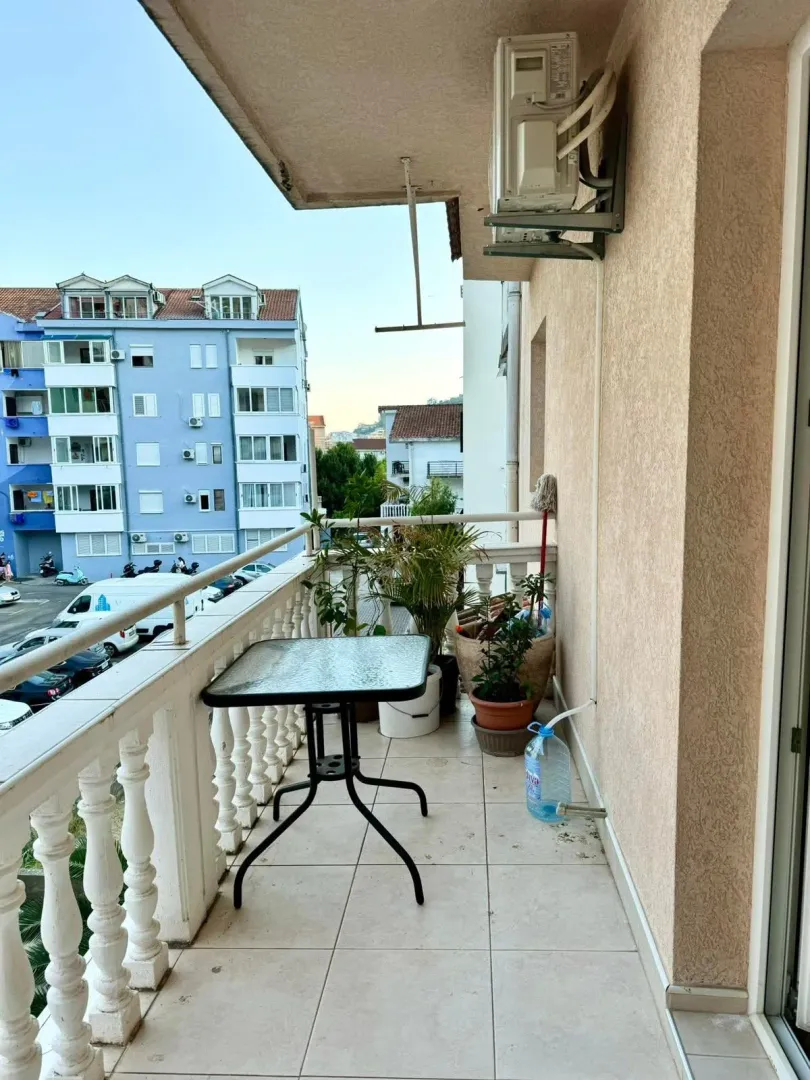 Furnished terrace with a table, plants, and an air conditioner.