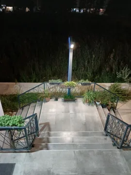 Illuminated exterior stairs with railing and potted plants. - image 11