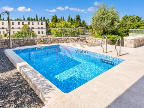 Outdoor swimming pool with a paved patio and a stone wall surrounded by greenery. - image 12