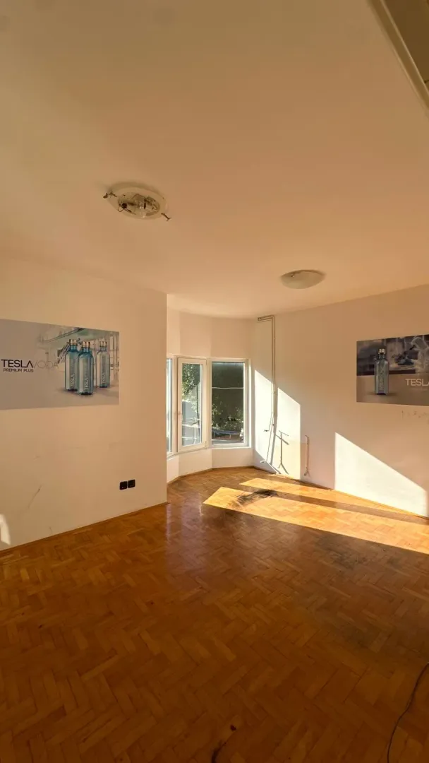 Empty room with parquet flooring and windows.